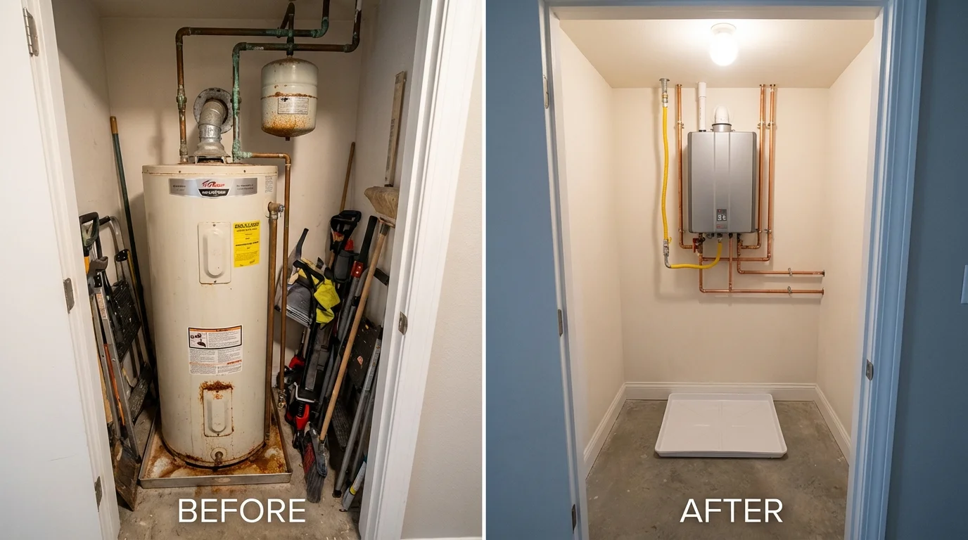 Tank water heater versus wall-mounted tankless unit comparison for Buda, TX homeowners