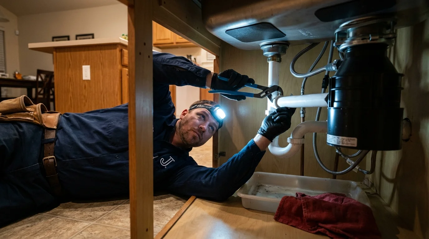 P-trap and supply line connections under a kitchen sink showing a common leak point in Buda, TX